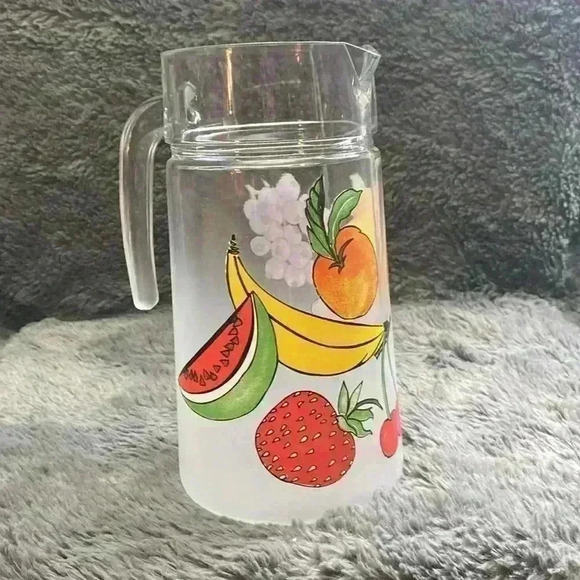 Vintage 80s Fruit Pattern Frosted Glass Pitcher Dartington France - Picture 10 of 16